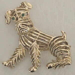 GERRYS Terrier Dog Figural Pin Brooch 1960s Gold Tone Green Eyes Vintage signed